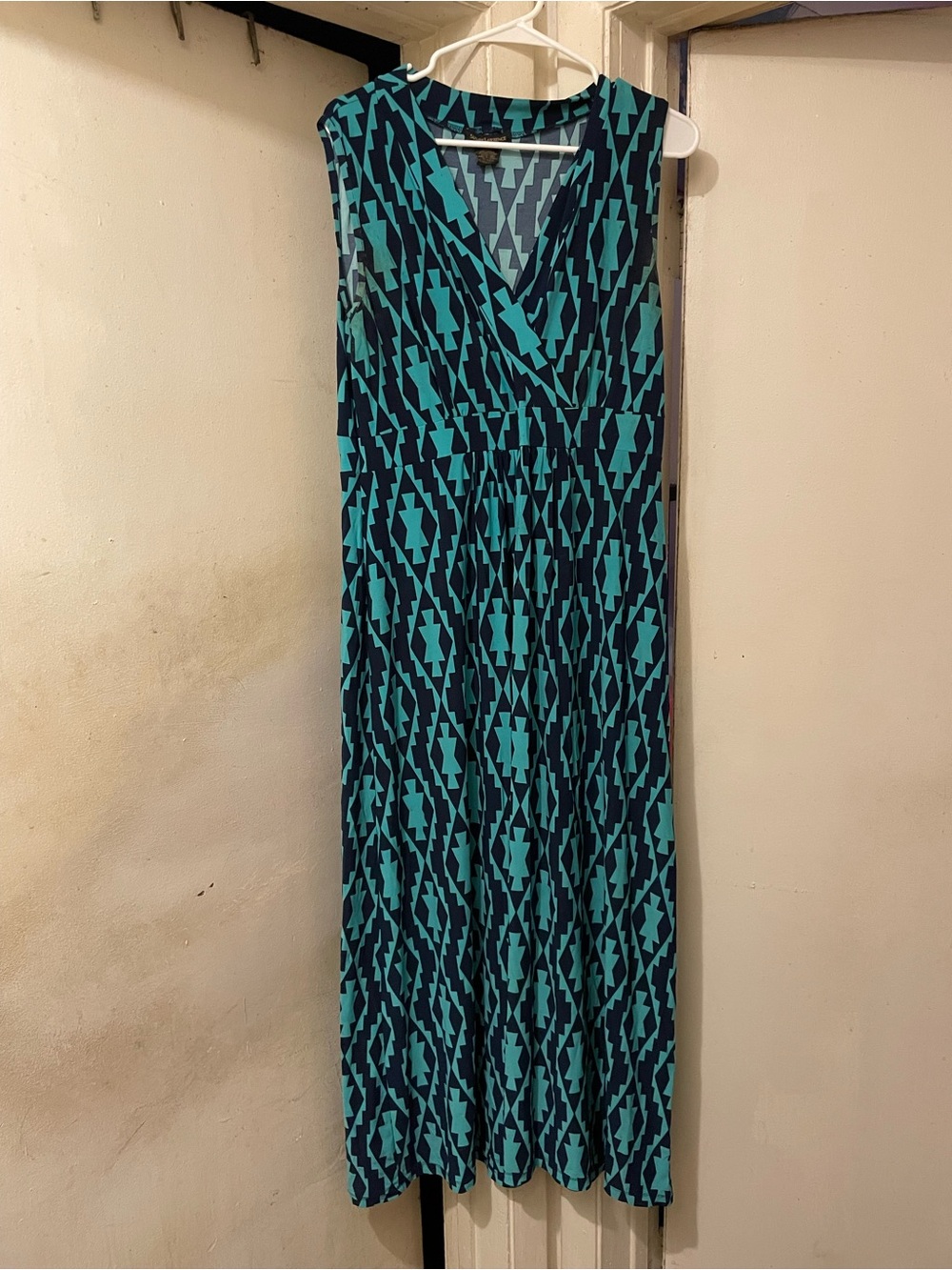 Susan Lawrence Turquoise & Navy Geometric Sleeveless Maxi Dress Size XL